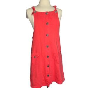 90265 Vintage Red Pink Button Up Overall Dress Tie Straps Medium‎